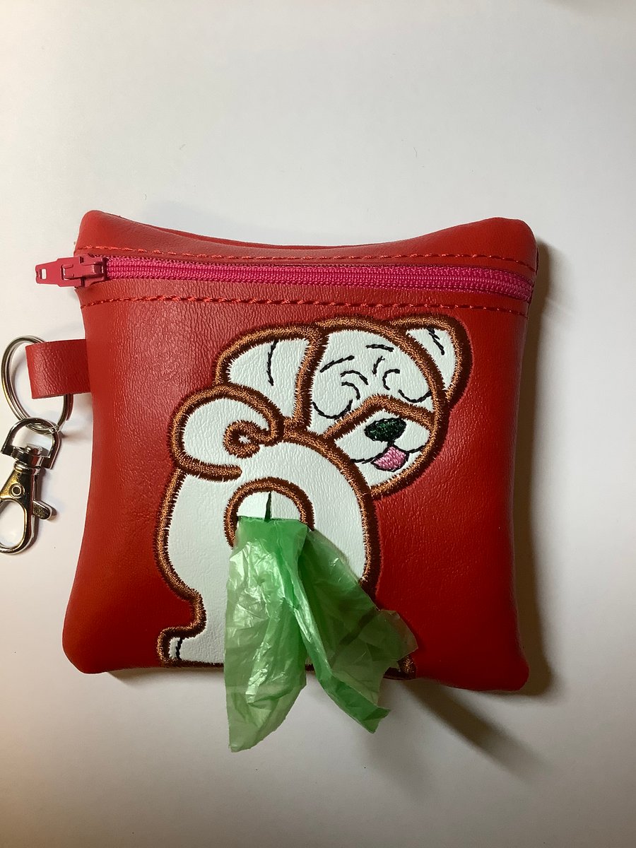 Attractive Pug Embroidered Red faux leather dog poo bag ,dog walking,