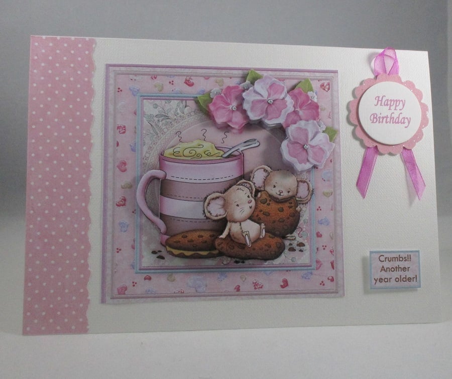 Decoupage,3d Cute Mice Birthday Card, Coffee break,personalise