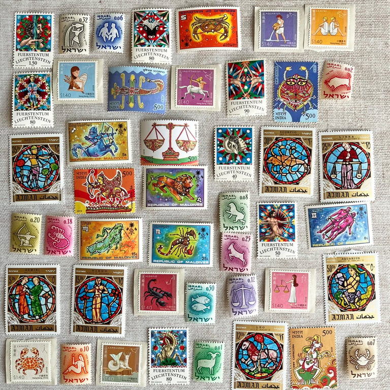 Bargain stash of unused zodiac-themed postage stamps, astrology stamps