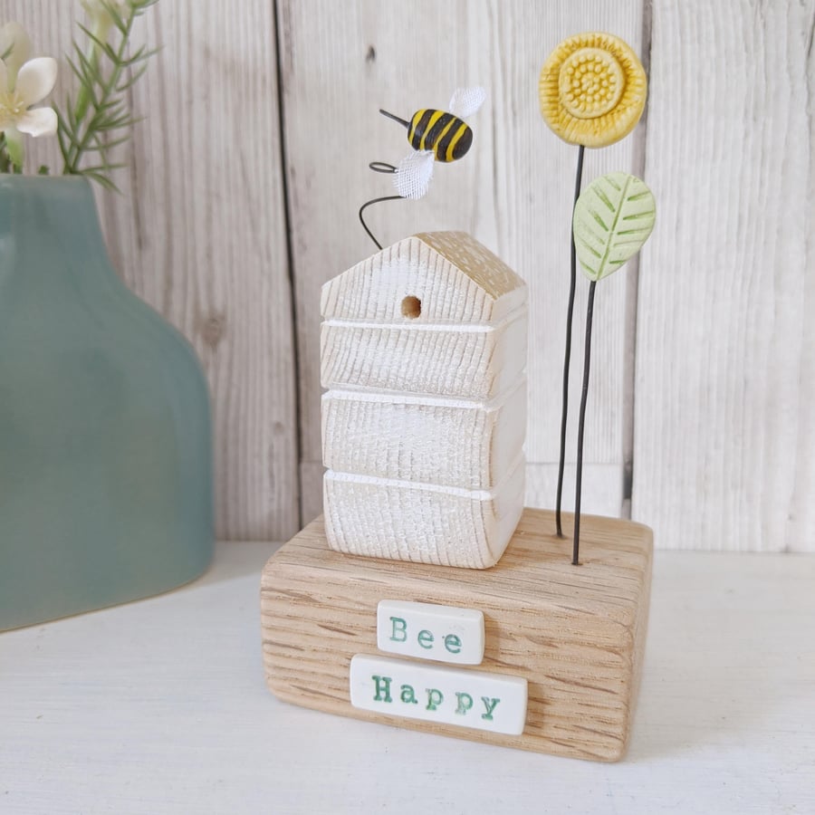 Wooden Beehive With Clay Flower Garden and Bee 'Bee Happy'