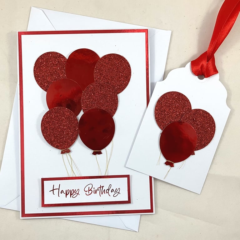 Handmade red balloons birthday card with matching gift tag