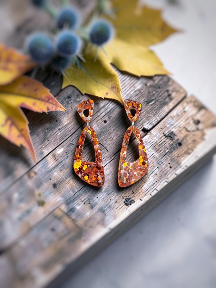 Burnt Orange Autumnal Asymmetrical Oval Drop Earrings