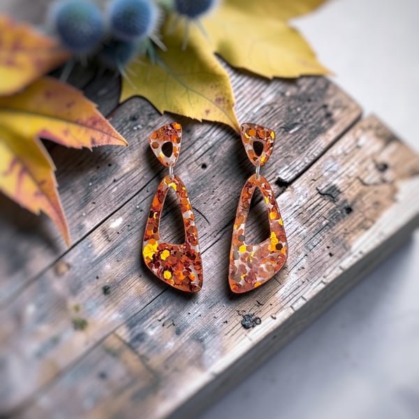 Burnt Orange Autumnal Asymmetrical Oval Drop Earrings