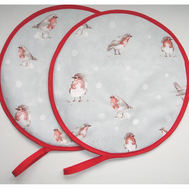 Aga Hob Lid Covers x 2 Pads Pair of Christmas Robin Round Mats
