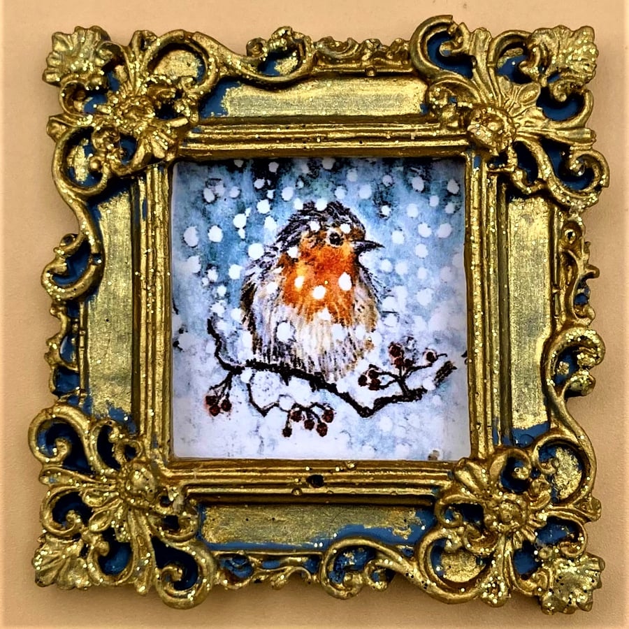 Christmas Robin - Tiny PRINT in a sparkling frame, gift or decoration