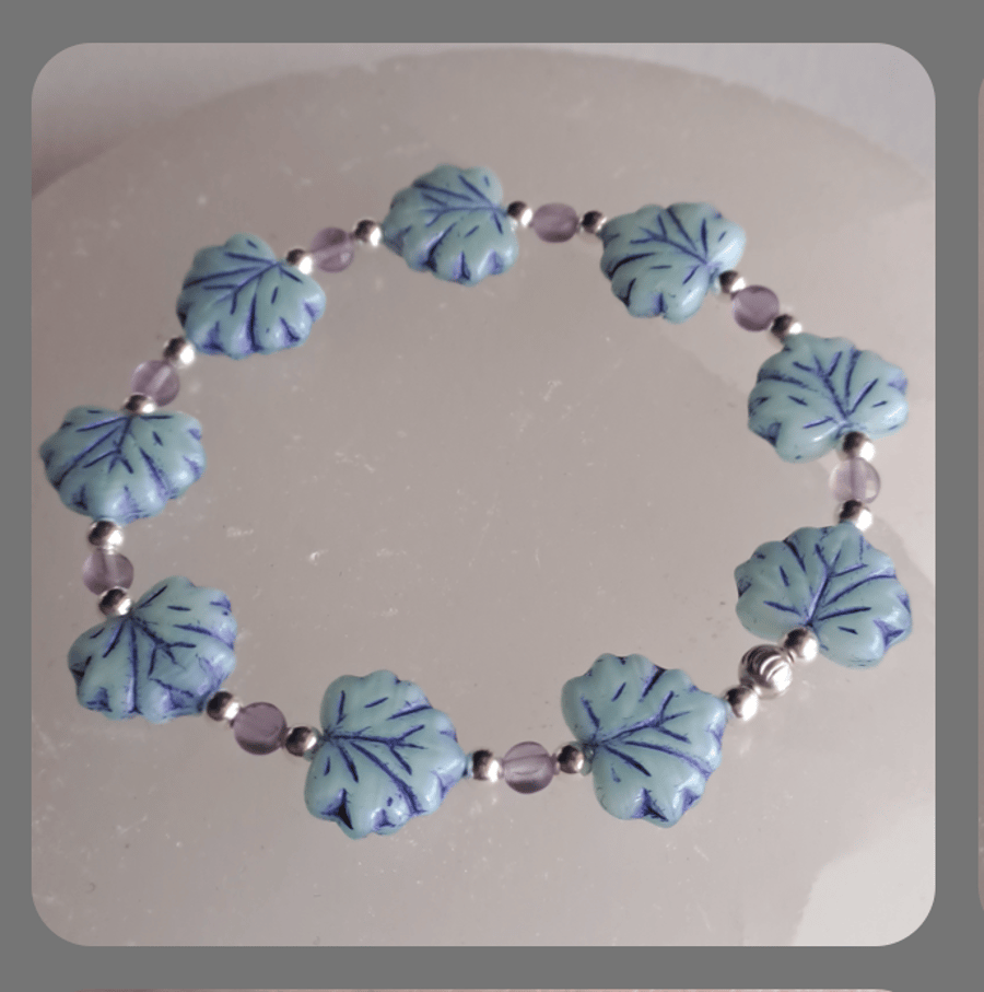  Blue Czech glass, Amethyst and Sterling Silver Leaf bracelet