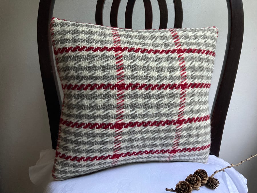 Angharad cushion - Rosy Red mix 14” square. Handwoven in Wales