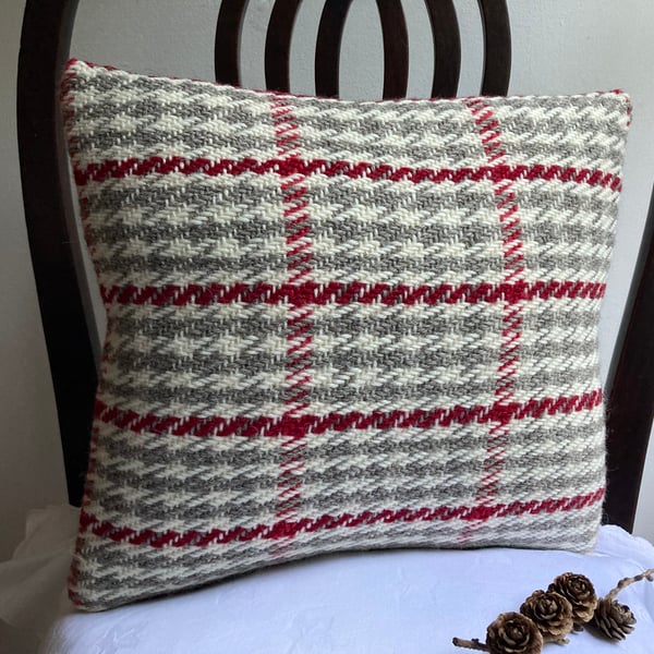 Angharad cushion - Rosy Red mix 14” square. Handwoven in Wales
