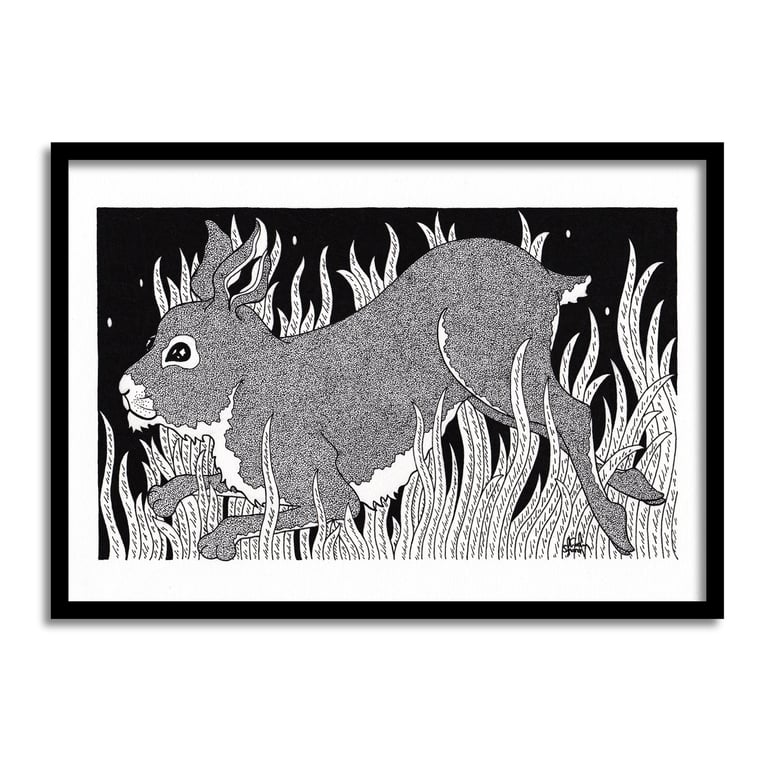 Rabbit Running Through Grass Original Art Pen And Ink Drawing