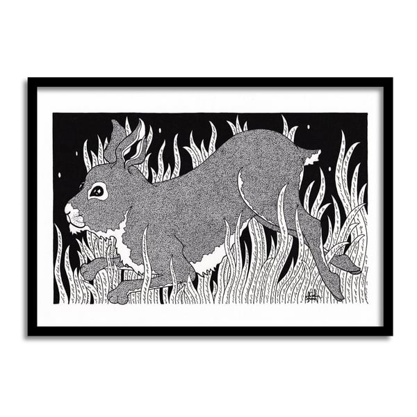 Rabbit Running Through Grass Original Art Pen And Ink Drawing