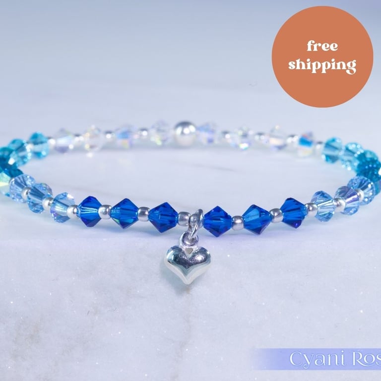 Swarovski and Sterling Silver puffed heart charm beaded bracelet