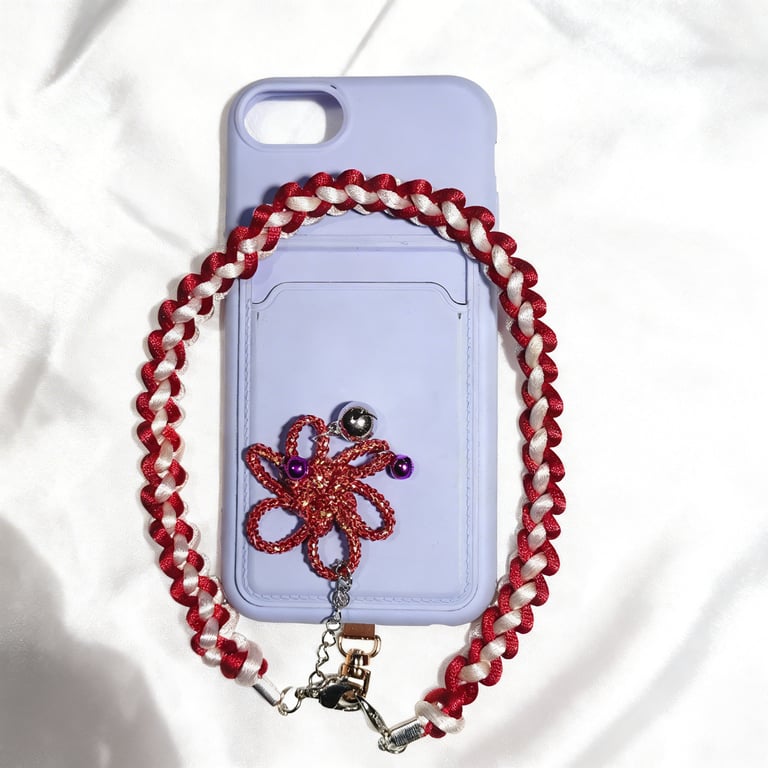 Red & White Macramé Phone Strap with Brocade Knot Charm