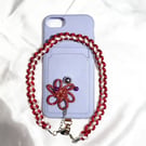 Red & White Macramé Phone Strap with Brocade Knot Charm