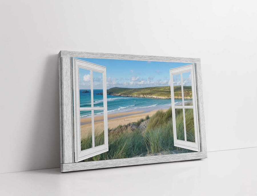 Crantock Beach. Window frame canvas picture print. 14"x10" (18mm depth)