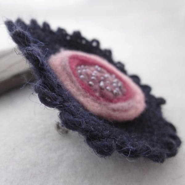 Dark Blue Woven Dark Pink Felt Glass Bead Flower Brooch 