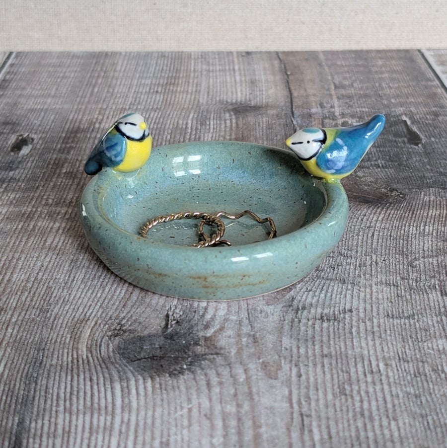 Ceramic ring dish with two mini blue tits