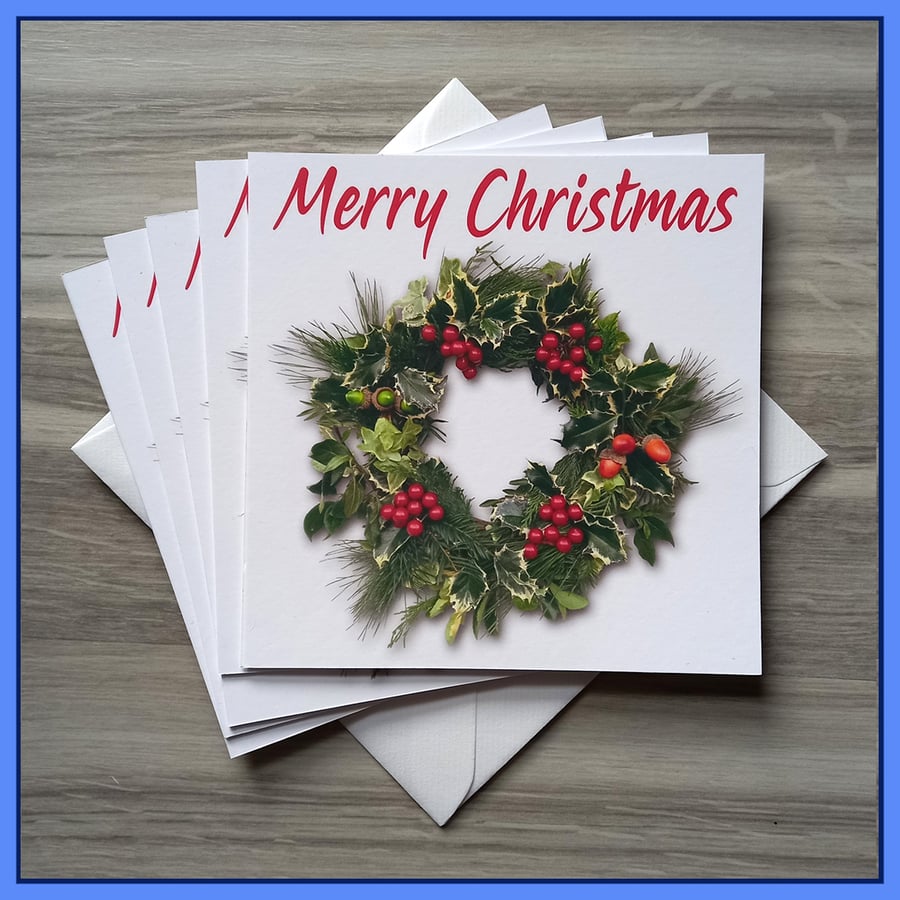 Pack of 5 Christmas Wreath Cards – Blank Inside – Festive Holiday Greeting Cards