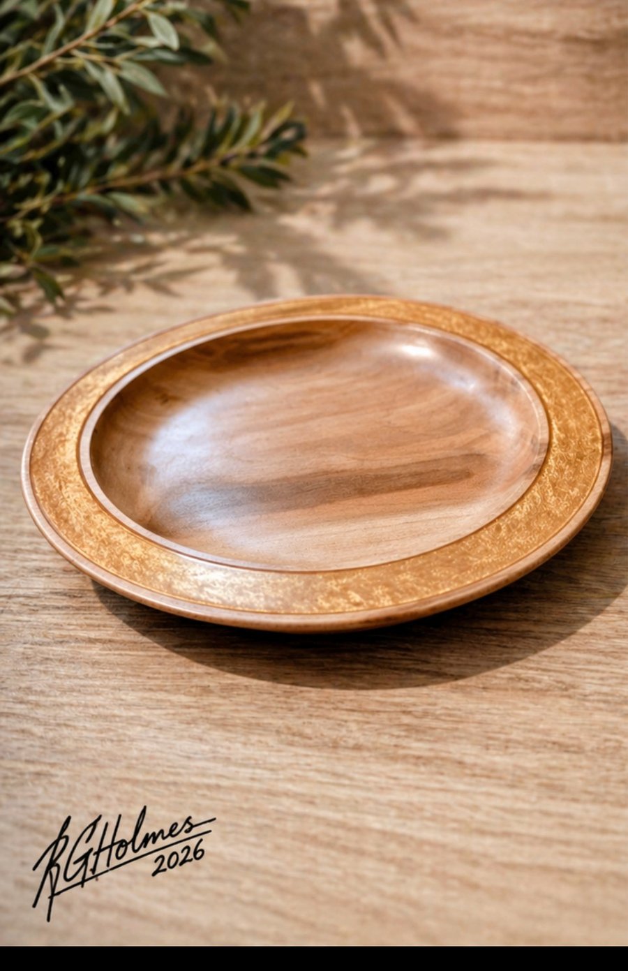 Handturned London plane bowl with shimmering gold resin inlay
