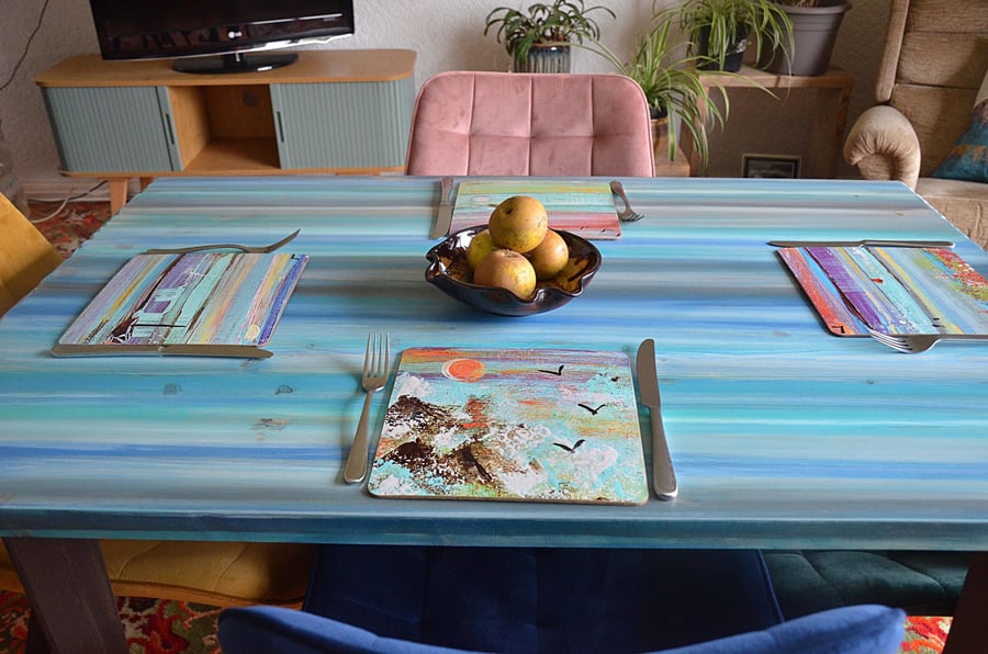 Rectangle Wood Dining Table Hand Painted Sea breeze Blues Grey Tapered Wood Legs