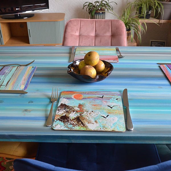 Rectangle Wood Dining Table Hand Painted Sea breeze Blues Grey Tapered Wood Legs