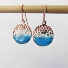 Enamel and Textured Copper Dangle Earrings with Dark Turquoise Enamel