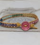 Pastel rainbow gemstone large bracelet with gold leather and pink button - Image 3