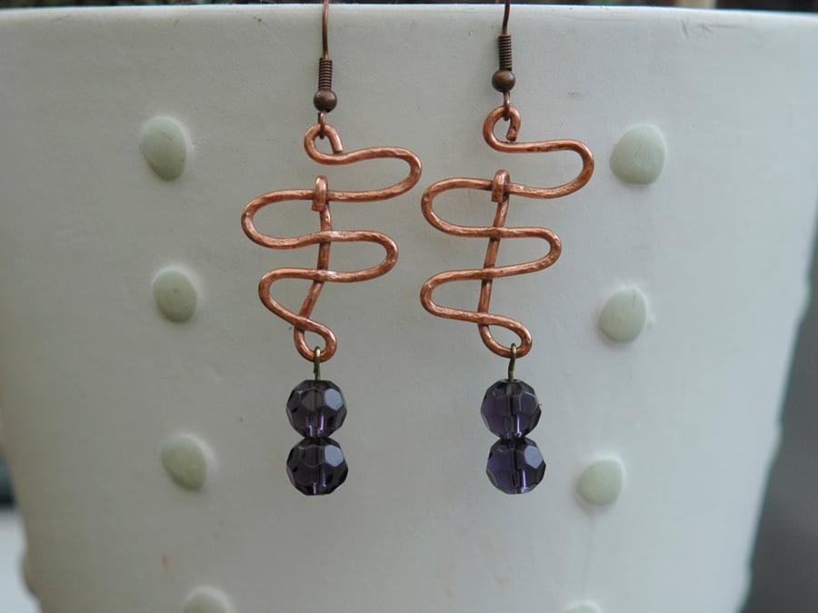 SALE! 50% off Hammered Copper Zigzag Drop Earrings with Amethyst Beads,  E38