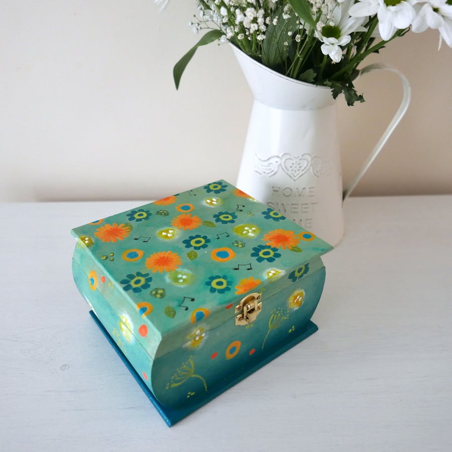 Teal Storage Box, Floral Handpainted Trinket Box, Dandelion Decorative Box