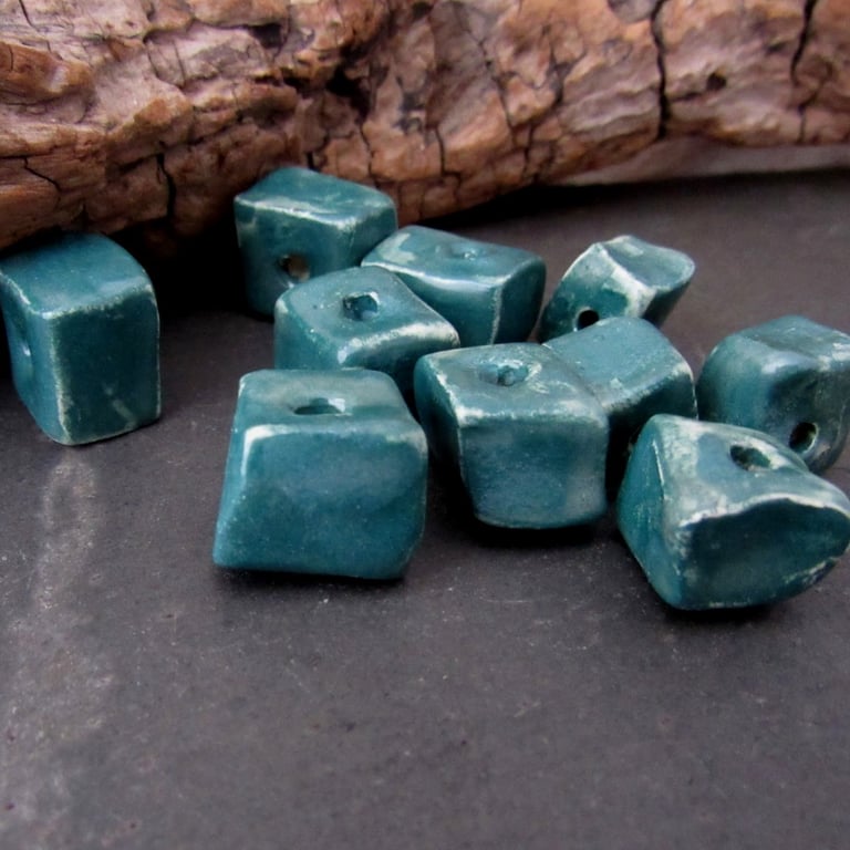 10 Small Dark Green Glazed Cube Clay Beads