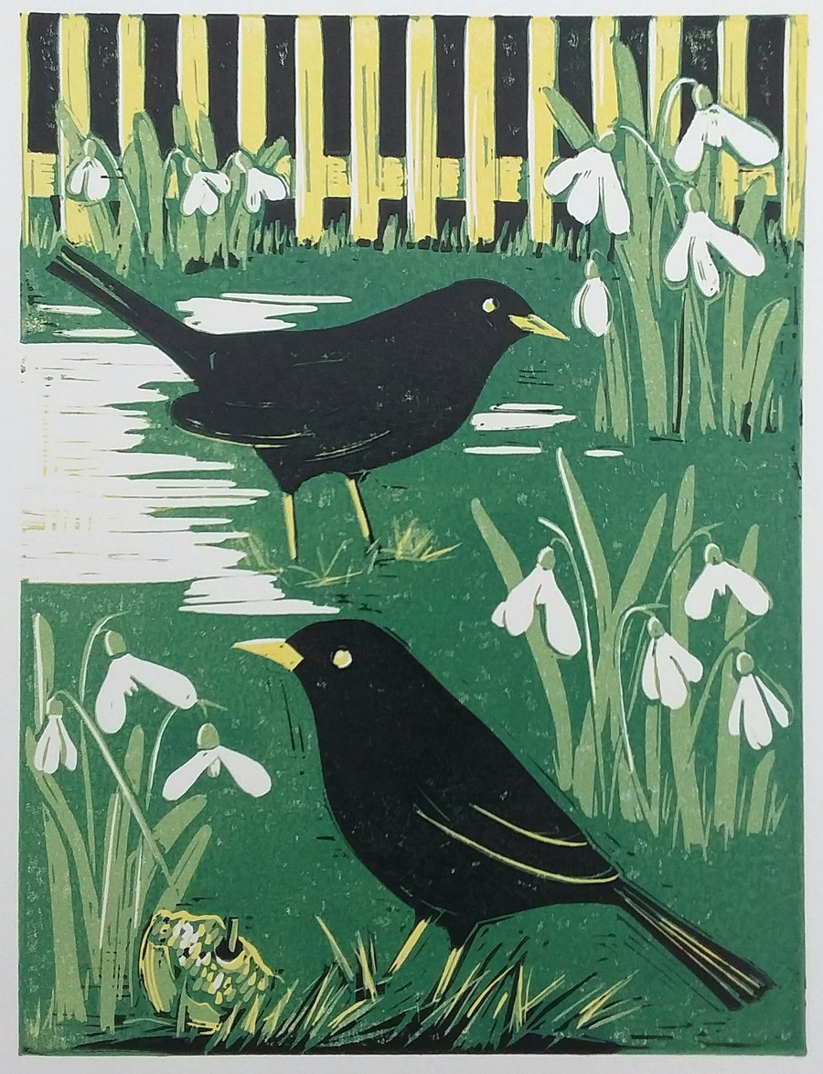 Good Morning Mr Blackbird - linoprint