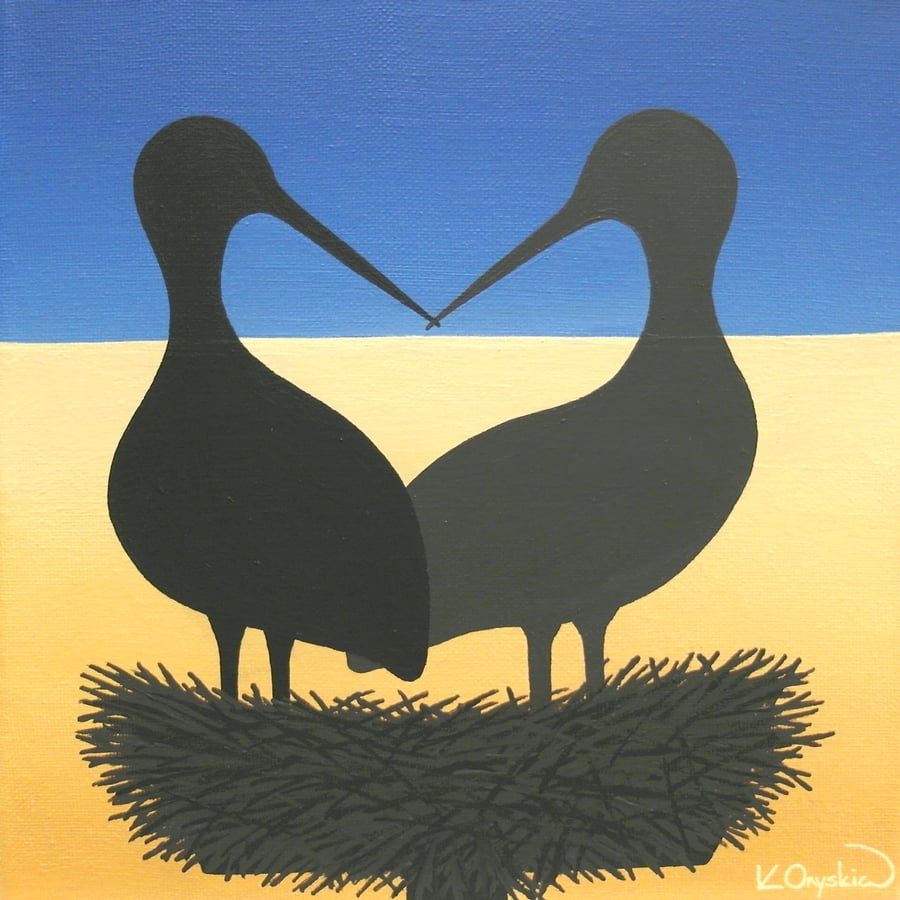 Original Stork Painting with Ukraine Heart - acrylic art of bird silhouettes