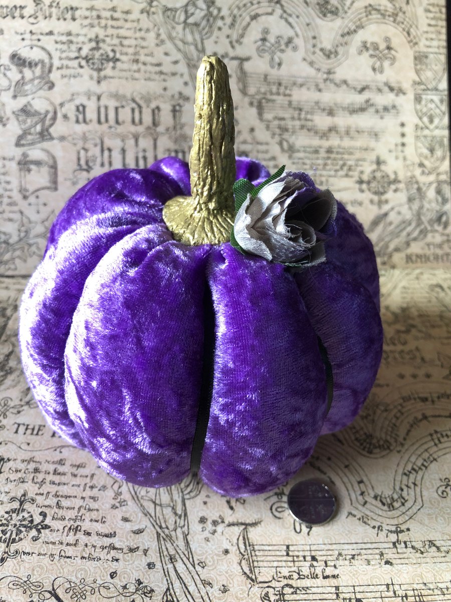 Purple Crushed Velvet Flower Pumpkin With Gold Stalk