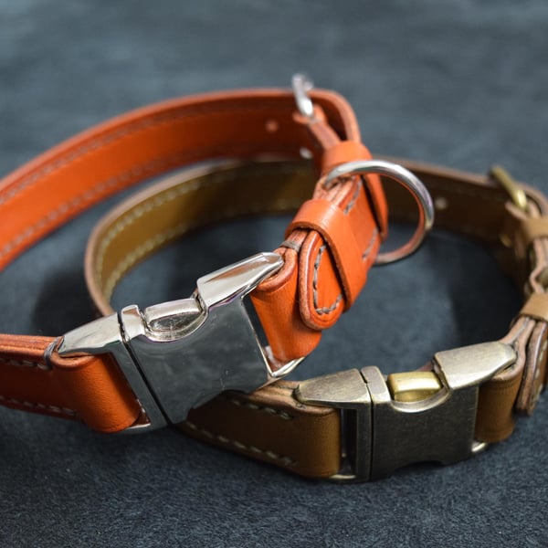 Handmade Leather Dog Collar, Quick Release, Grain-Finished Leather Inside and Ou