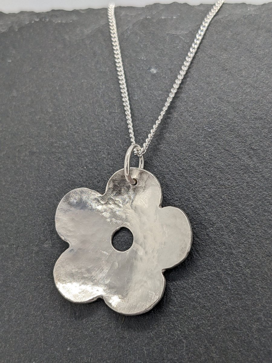 Sterling silver flower pendant, Simple silver flower necklace, Handcrafted five 