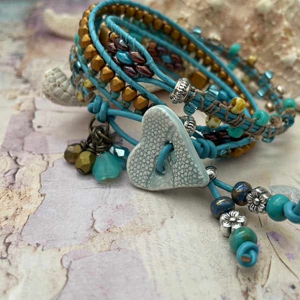 Pretty Boho leather beaded wrap adjustable bracelet , cuff bracelet, charm 