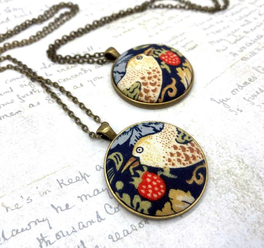 Strawberry Thief pattern fabric button pendant William Morris design in blue