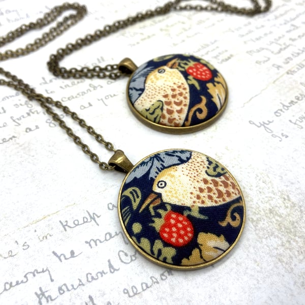 Strawberry Thief pattern fabric button pendant William Morris design in blue