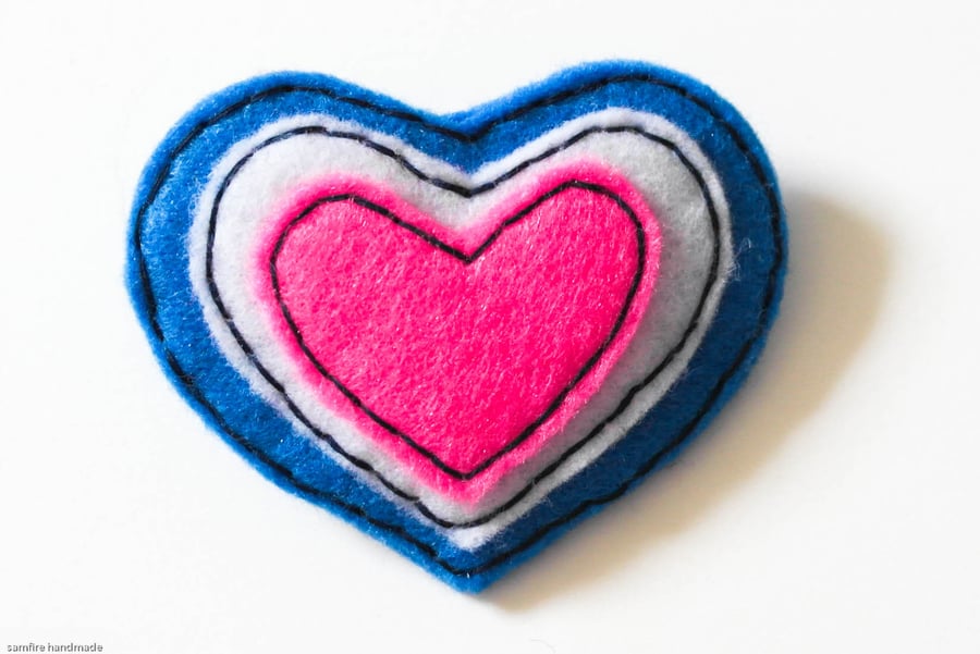 Seconds Sunday Felt Brooch Blue White Pink Heart Brooch, Valentine's Day Pin 