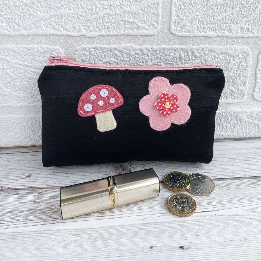 SALE Large black satin coin purse with pink felt mushroom and flower