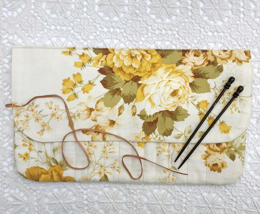 Vintage yellow floral print knitting needle wrap