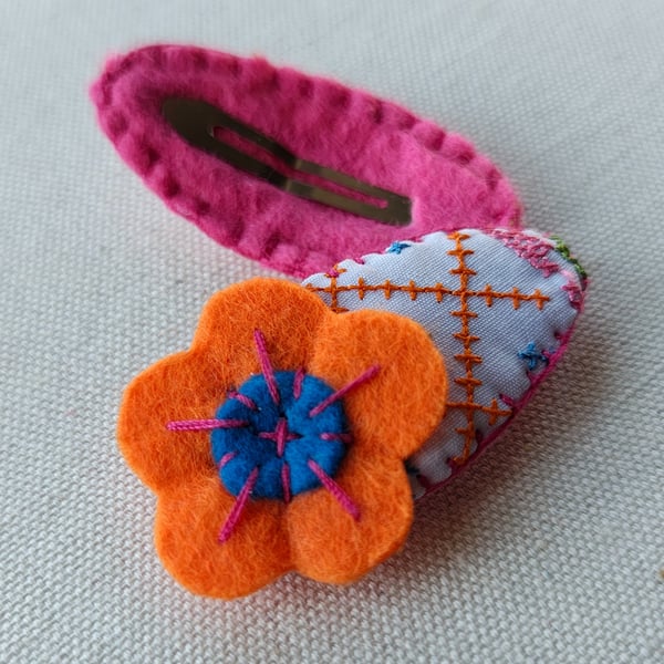 Set of 2 Handmade Cotton Hair Clips, Orange Felt Flower Accent – Cute Floral Set