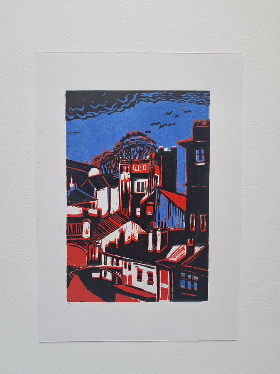 Little Underbank, linocut, original print. One for Stockport lovers.