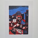 Little Underbank, linocut, original print. One for Stockport lovers.
