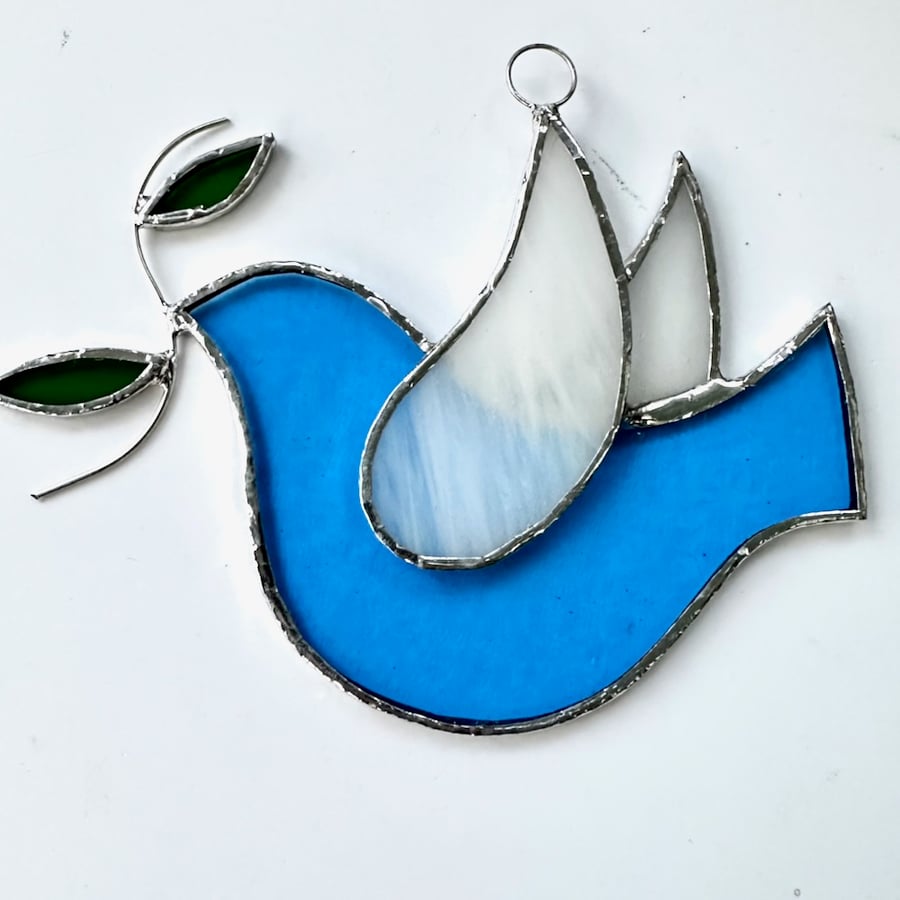 Stained Glass Dove Suncatcher - Hand Made Hanging Decoration - Pale Blue