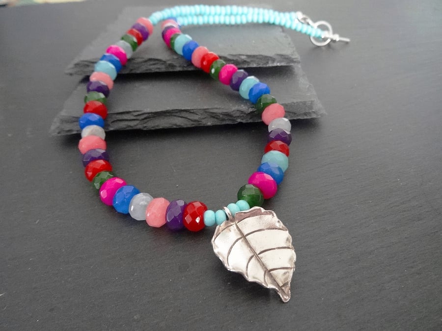 Faceted Jade Rondell Necklace, Hilltribe Silver Necklace. Multi Coloured. 