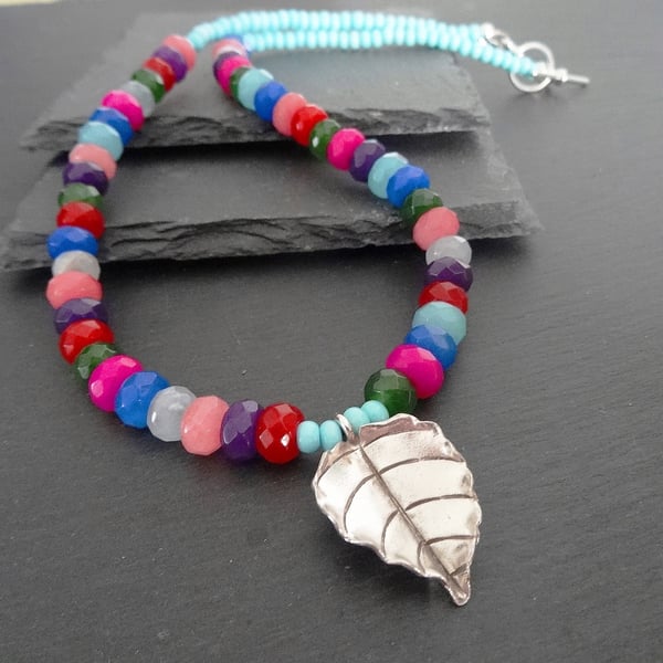 Faceted Jade Rondell Necklace, Hilltribe Silver Necklace. Multi Coloured. 