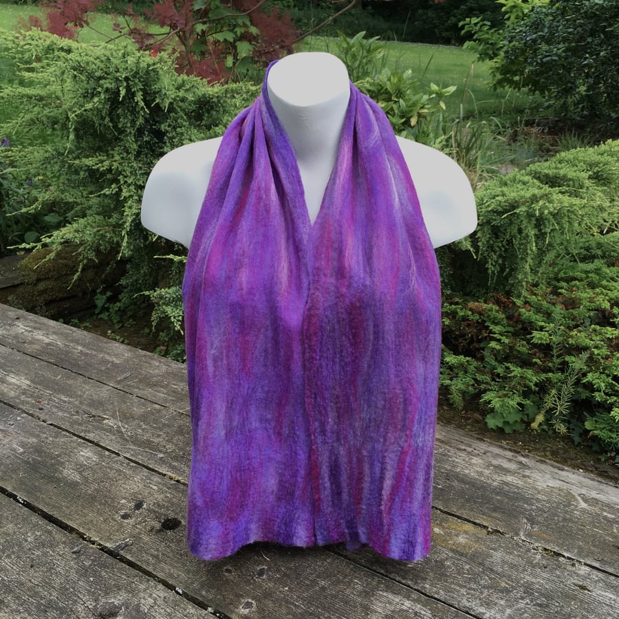 Nuno felted merino wool and silk scarf in purples and pinks