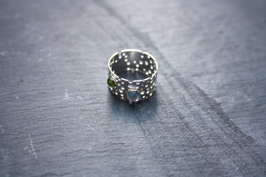 Sterling Silver Ring with Drilled Pattern and Peridot and Topaz Gems