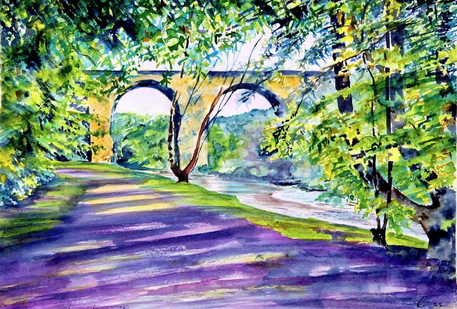 Towpath Along The River Goyt Framed Landscape Impressionist Watercolour Art