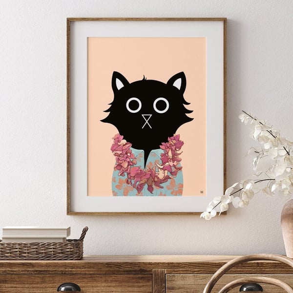 Tropical Wall Art, Cat Wall Art Print, Hawaii Print, Hawaiian Style, A4